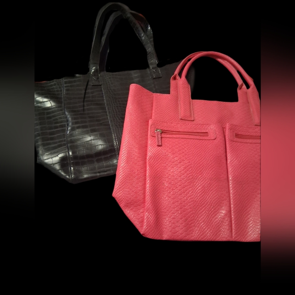 Set Of 2 Neiman Marcus Faux Croc Skin Tote Bags Pink And Black!